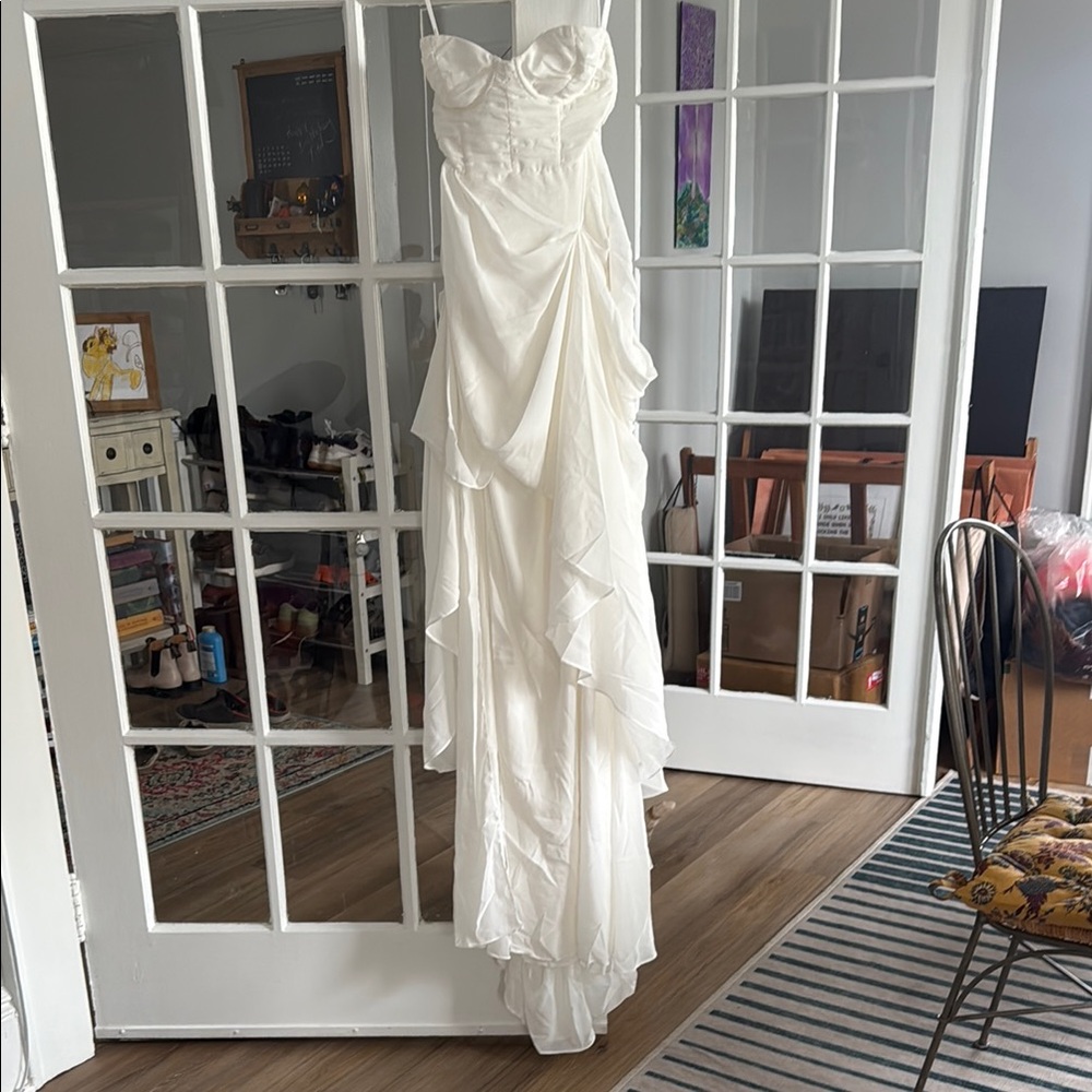 For Love & Lemons White Asymmetrical Ruffled Slip Dress